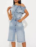Casual and Fashionable Strapless One-shoulder Slim Denim Jumpsuit