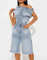 Casual and Fashionable Strapless One-shoulder Slim Denim Jumpsuit