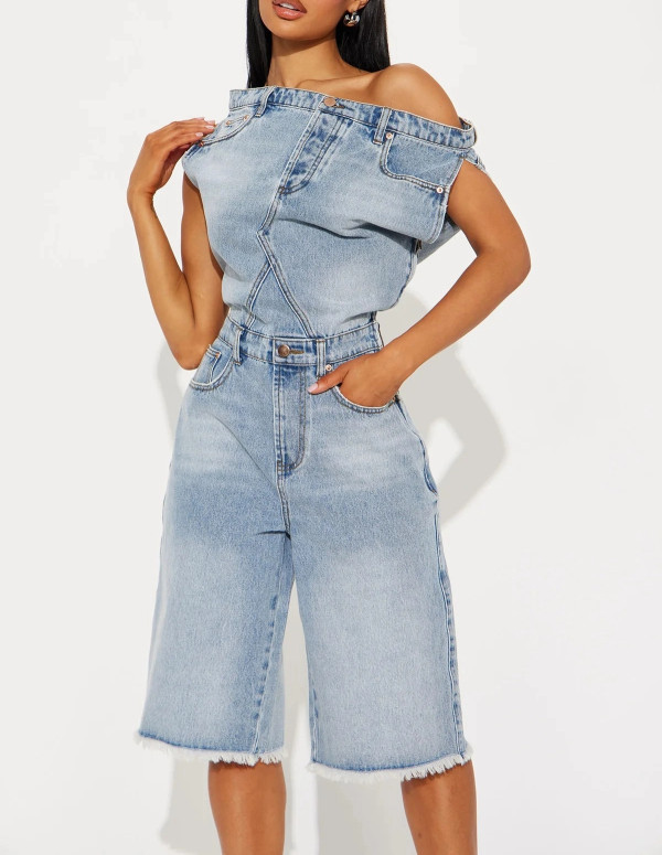 Casual and Fashionable Strapless One-shoulder Slim Denim Jumpsuit
