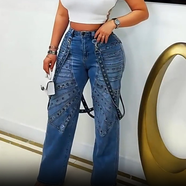 Fashionable High-waisted Jeans with Metal Rivets