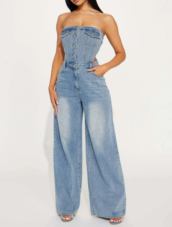 Strap-breasted Straight Wide-leg Denim Jumpsuit