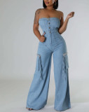 Casual and Fashionable Strapless Slim Denim Jumpsuits Work Pants