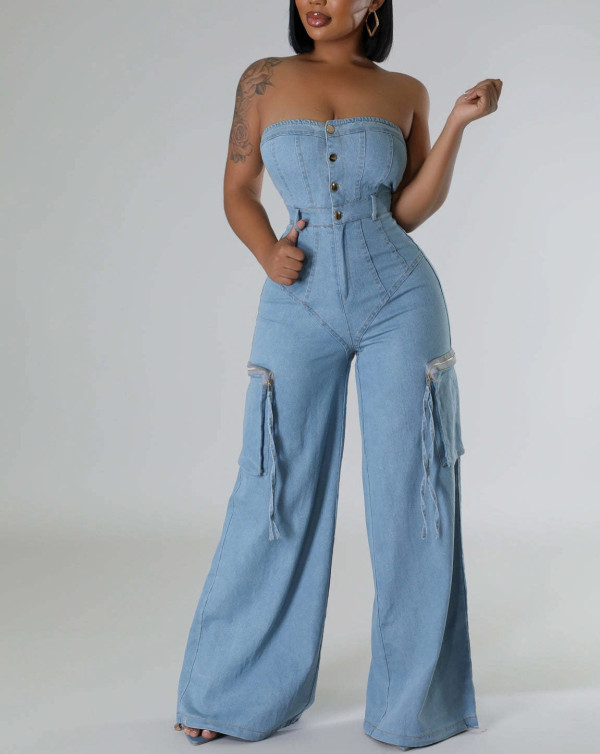 Casual and Fashionable Strapless Slim Denim Jumpsuits Work Pants