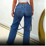 Fashionable High-waisted Jeans with Metal Rivets