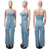 Casual and Fashionable Strapless Slim Denim Jumpsuits Work Pants