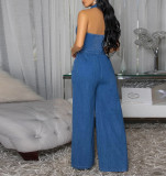 Denim Fashion High-Stretch Sexy Backless Lapel Wide Legs Sleeveless Jumpsuit
