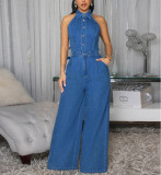 Denim Fashion High-Stretch Sexy Backless Lapel Wide Legs Sleeveless Jumpsuit