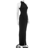 Solid Color Sleeveless Halter Neck Tight Hip-packing Pleated Slit Long Dress