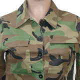 Casual Camouflage Printed Lapel Long Sleeve Slit Midi Skirt Suit