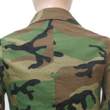 Casual Camouflage Printed Lapel Long Sleeve Slit Midi Skirt Suit