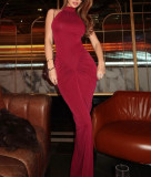 Solid Color Sleeveless Halter Neck Tight Hip-packing Pleated Slit Long Dress