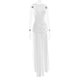 Elegant Slit Pleated Sleeveless Solid Color Floor-skirt