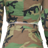 Casual Camouflage Printed Lapel Long Sleeve Slit Midi Skirt Suit