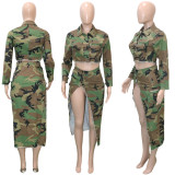 Casual Camouflage Printed Lapel Long Sleeve Slit Midi Skirt Suit