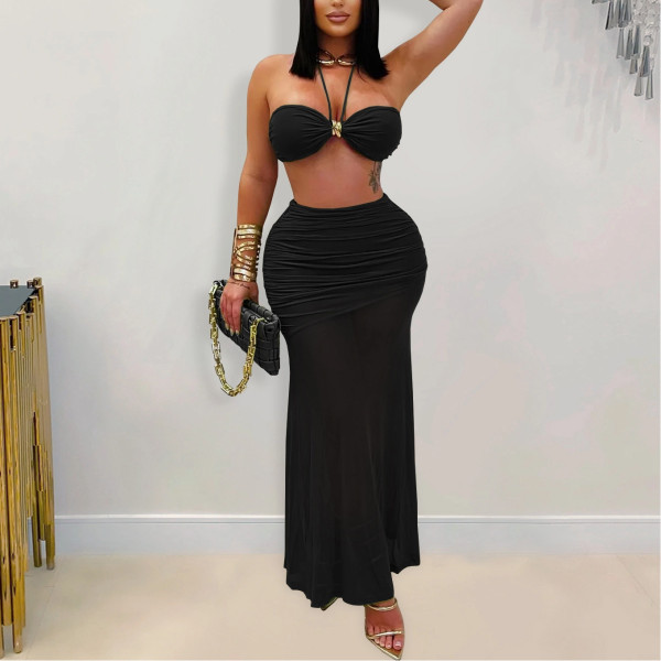 Strapple-wrapped Arm Pleated Mesh Skirt Sets