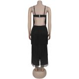 Sexy Suspender Backless Tassel Long Dress