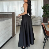 Color-blocked Chest Top + High-waisted A-line Skirt Two-piece Set