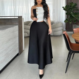 Color-blocked Chest Top + High-waisted A-line Skirt Two-piece Set