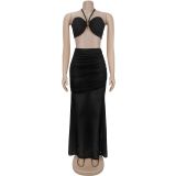 Strapple-wrapped Arm Pleated Mesh Skirt Sets