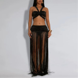 Sexy Strap Top Tassel Skirt Two-piece Set