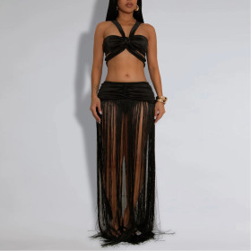 Sexy Strap Top Tassel Skirt Two-piece Set