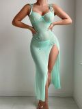 Perspective Mesh Seductive Lace Backless High Slit Light Blue Erotic Suspender Dress