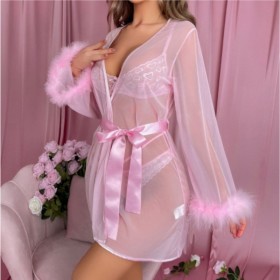 Christmas Suit Lace Perspective Uniform Coat Bra Sexy Lingerie Three-piece Nightgown