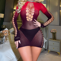 Gradient Red Fishnet Onesie Pajamas Wrap Hip Skirt Long Sleeve Backless Breasts Mesh