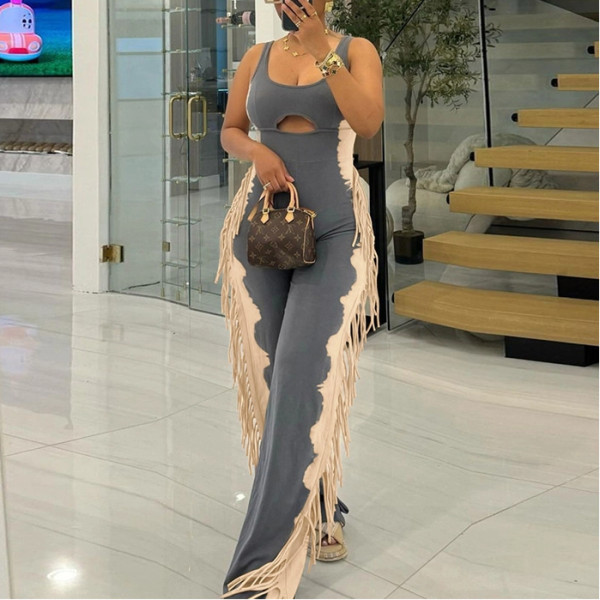 Contrasting Personality Tassel Casual Leggings Jumpsuits