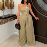 Large Button Sleeveless Sports Fitness Wide-leg Jumpsuit