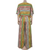 Casual Striped Tops and Trousers Two-piece Set