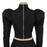 Casual Long-sleeved Corned Top Short Skirt Two-piece Set