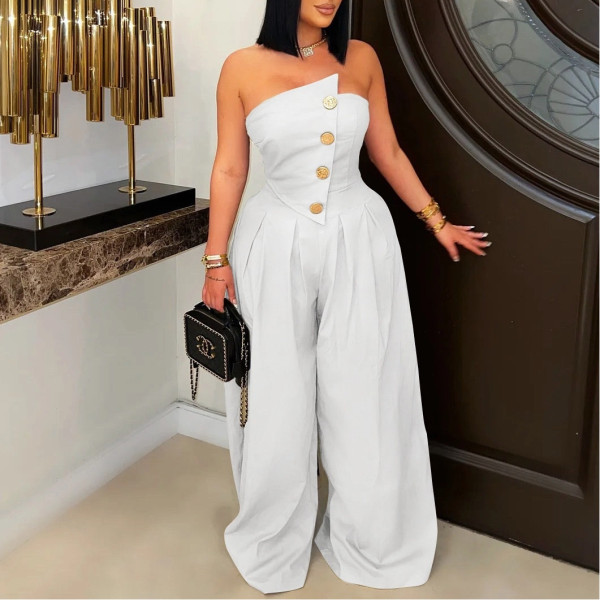 Large Button Sleeveless Sports Fitness Wide-leg Jumpsuit