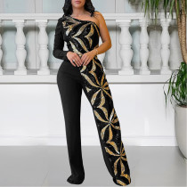 Tight Single Shoulder Bead Piece Arm-pack Jumpsuit