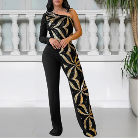 Tight Single Shoulder Bead Piece Arm-pack Jumpsuit