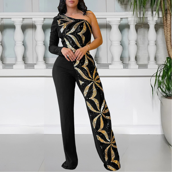 Tight Single Shoulder Bead Piece Arm-pack Jumpsuit