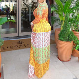 Belly and Hip Skirt Color-blocking Micro-transparent High-neck Long-sleeved Dress