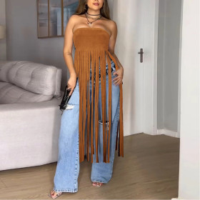 Deerskin Velvet Sexy Strapless Solid Color Tassel Top