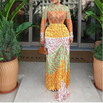 Belly and Hip Skirt Color-blocking Micro-transparent High-neck Long-sleeved Dress