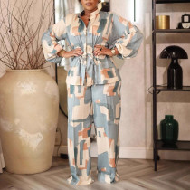 Commuter Stand Collar Printed Drawstring Waist-length Sleeve Two-piece Set