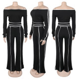 One shoulder Slanted Collar Elastic Splicing High Waist Wide-leg Long Trousers Long Sleeves Two-piece Set