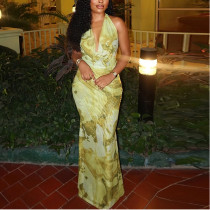 Printed Backless Elegant Fishtail Skirt Slim Deep V-neck Halter Neck Dress