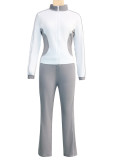 Gray Sports and Casual White Spliced Zipper Top Trousers Two-piece Set