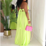 Drawstring Lace V-neck Solid Color Suspender Loose Dress