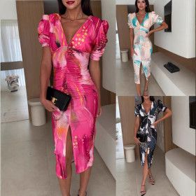 Fashionable V-neck Slit High-waist Dress