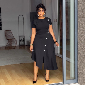 Round Neck Buttons Decorated Irregular Slit Hem Pleated Dress