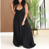 Drawstring Lace V-neck Solid Color Suspender Loose Dress