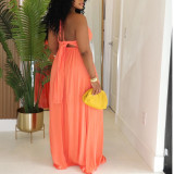 Drawstring Lace V-neck Solid Color Suspender Loose Dress