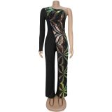 Tight Single Shoulder Bead Piece Arm-pack Jumpsuit