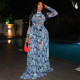 Slimming A-line Skirt with High-neck Printed Long Dress